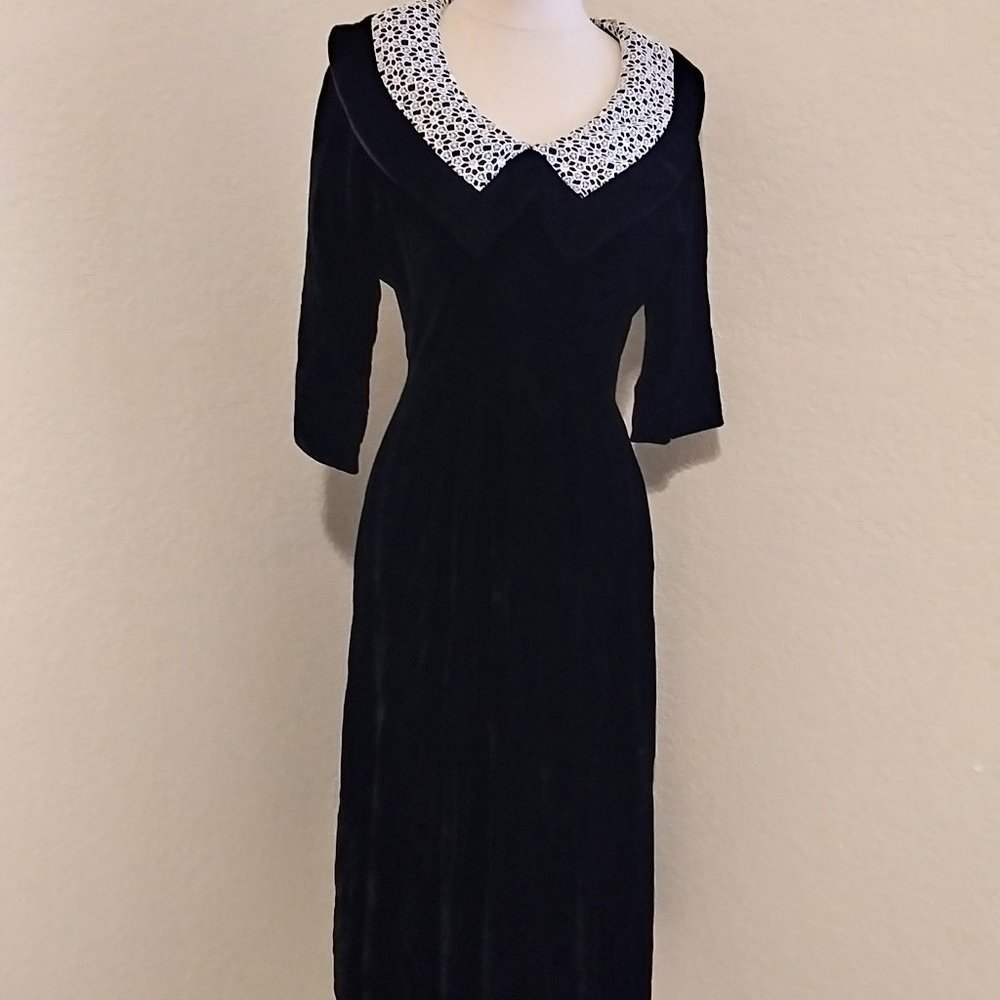 Vintage 1950s Fazzi Black Velvet Lace Rhinestone Dress